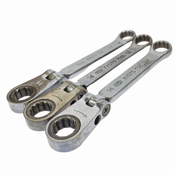☆中古品3本セット☆KTC 京都機械工具 首振りラチェットめがねレンチ MRF-14 14mm フレックス ラチェットメガネレンチ ハンドツール131416 - 2