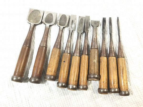 ☆中古品10本セット☆金右衛門 追入れ鑿 1分～1寸4分/3mm～42mm 追入れのみ 追入れノミ 追入れ鑿 叩きノミ 叩き鑿 大工道具131764 - 10