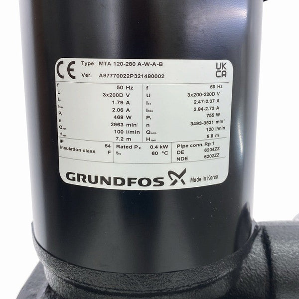 ☆未使用品☆Grundfos グルンドフォスポンプ 単段浸漬型クーラントポンプ 下吸い込み MTA120-280 - 6