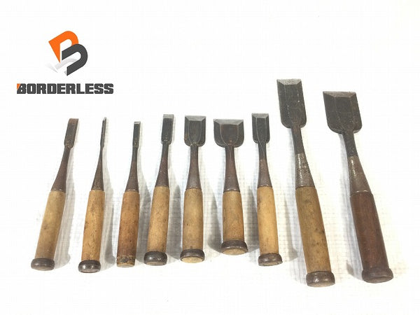 ☆中古品☆瓢箪 ひょうたん印 追い入れ鑿 9本セット 1分/3mm～1寸6分/48mm 追入れ鑿 叩き鑿 ノミ のみ 大工道具 木材加工111144 - 1