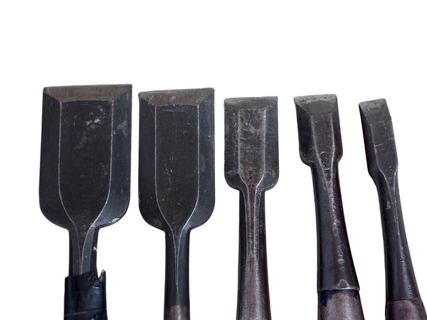 ☆中古品☆のみ ノミ たたき鑿 合計5点セット ハンドツール 大工道具 銘あり 忠英 助貞 本重國 政勝 幅広サイズ（30mm/40mm/50mm）含む133994 - 8