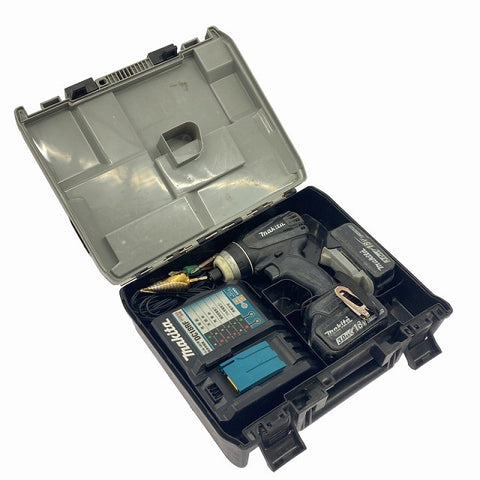 ☆中古品☆makita マキタ 18V 充電式4モードインパクトドライバー TP141 黒/ブラック バッテリ2個(3.0Ah) 充電器 ケース付119054 - 0