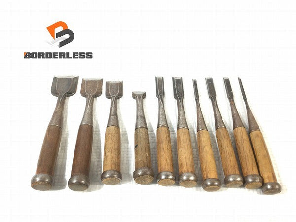 ☆中古品10本セット☆金右衛門 追入れ鑿 1分～1寸4分/3mm～42mm 追入れのみ 追入れノミ 追入れ鑿 叩きノミ 叩き鑿 大工道具131764 - 1